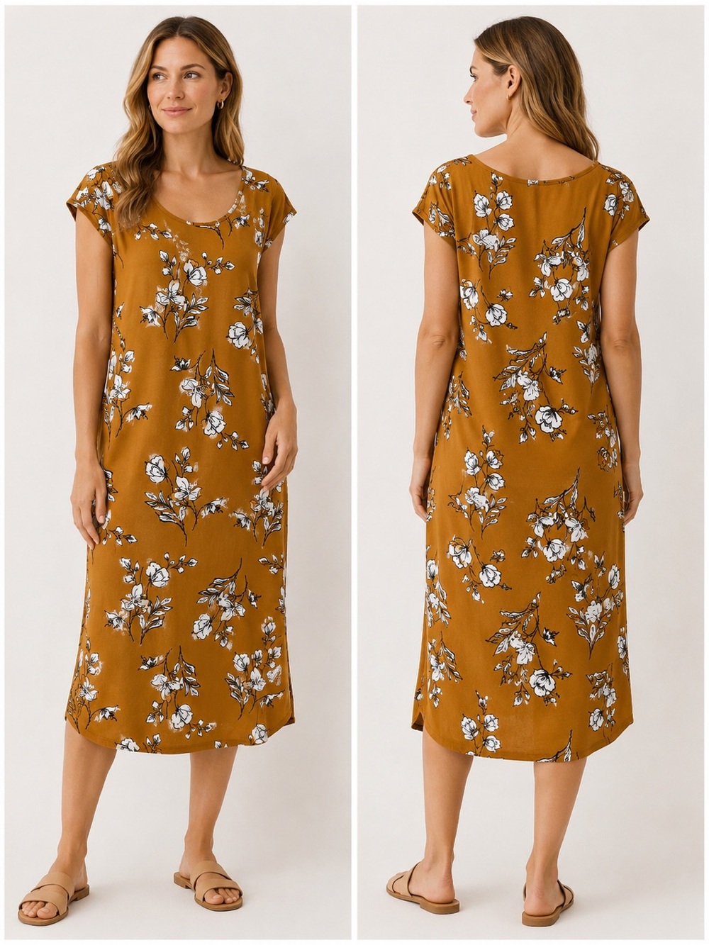 Floral Cap-Sleeve Midi Dress in Mustard Floral